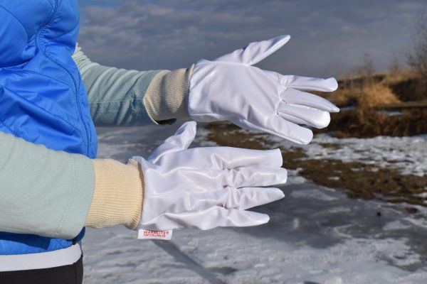 woman vapor barrier gloves close up